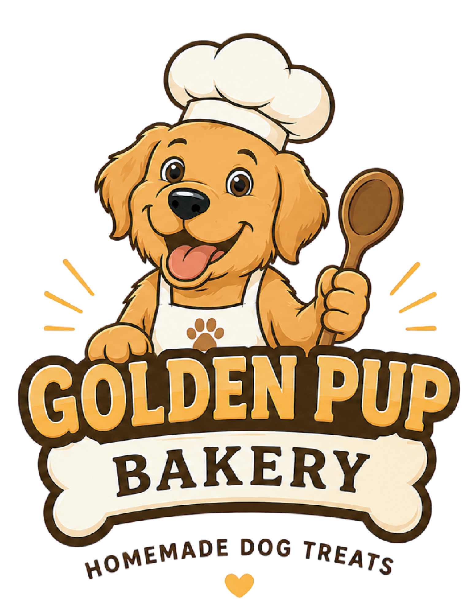 Logo for Golden Pug Bakery featuring a cartoon golden retriever dog wearing a chef's hat and apron, holding a wooden spoon, with the bakery name in stylized text.