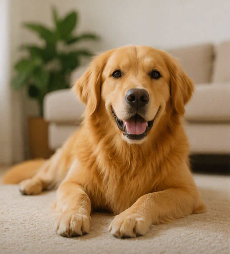 A happy golden retriever dog lying on a beige carpet in a living room, with a sofa and a plant in the background.