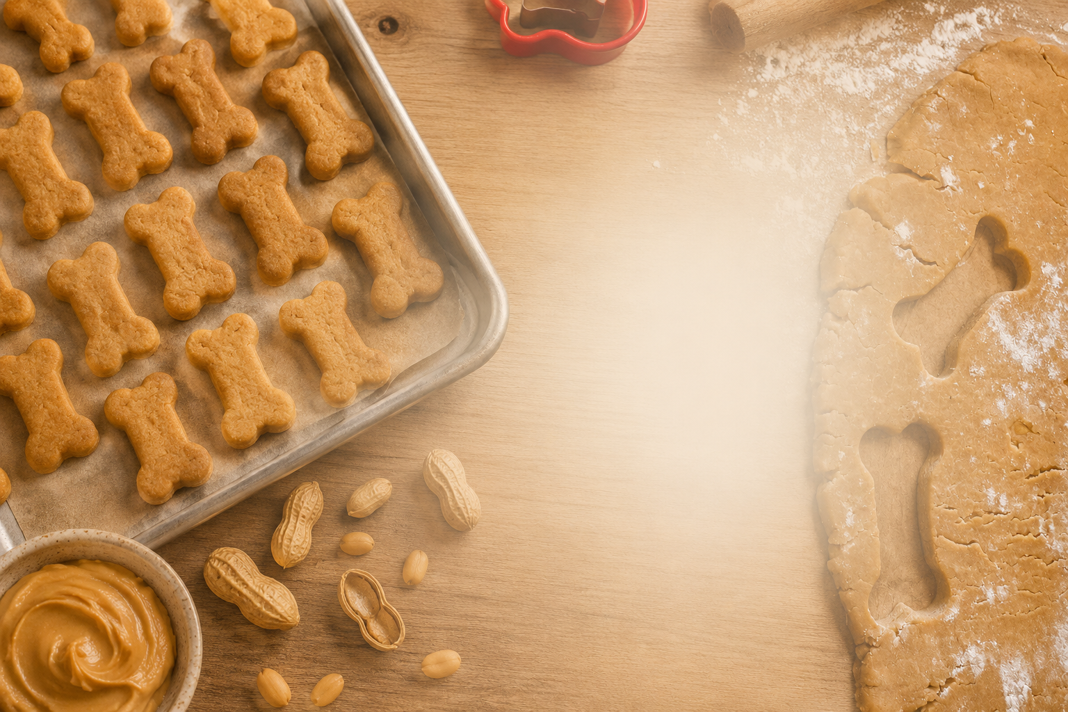 Baking scene with bone-shaped cookies on a baking sheet, cookie dough, a cookie cutter, and a bowl of peanut butter, on a wooden surface.