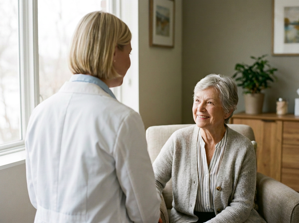 An elderly woman sitting on a beige couch, smiling and talking to a healthcare professional standing beside her, with a window and framed pictures in the background.