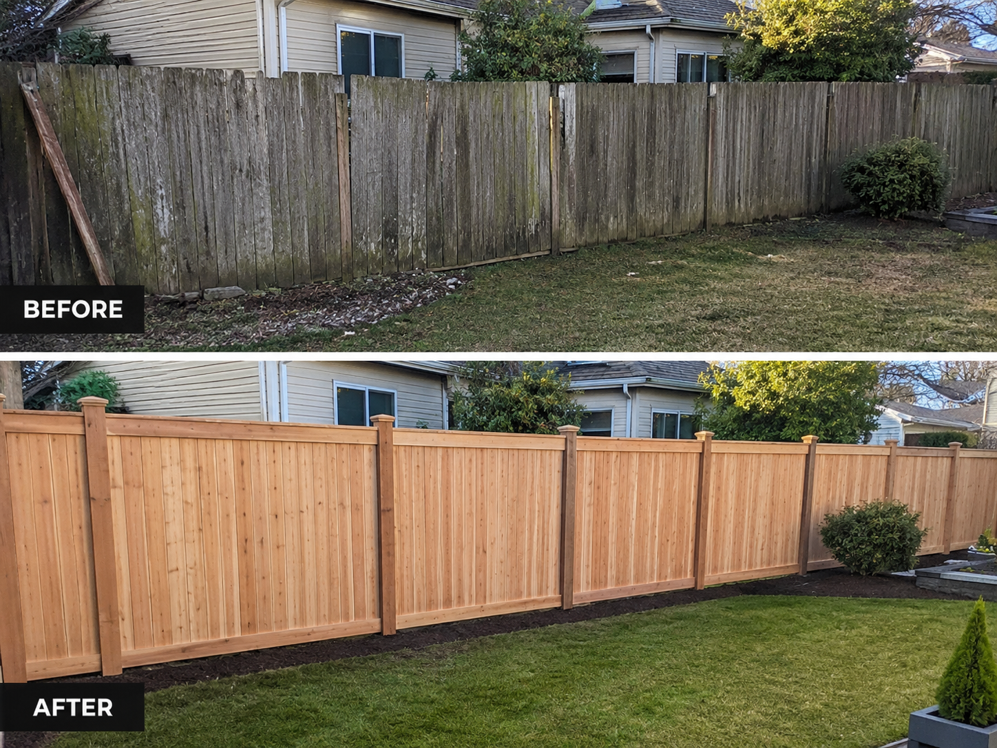 Before and after cedar privacy fence replacement completed by Heritage Homeworks LLC. Custom residential fencing built to improve privacy, security, and curb appeal in Central Oregon.