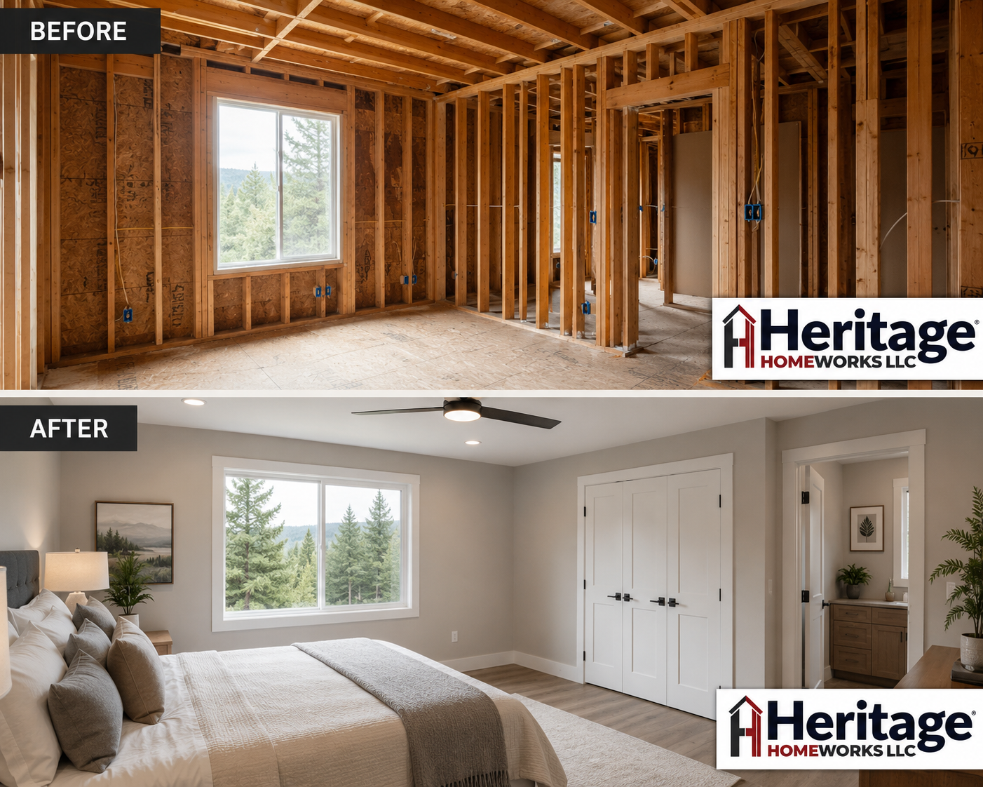 Before and after bedroom remodel completed by Heritage Homeworks LLC. Full interior renovation featuring framing, drywall, trim, paint, flooring, and finish carpentry in Central Oregon.