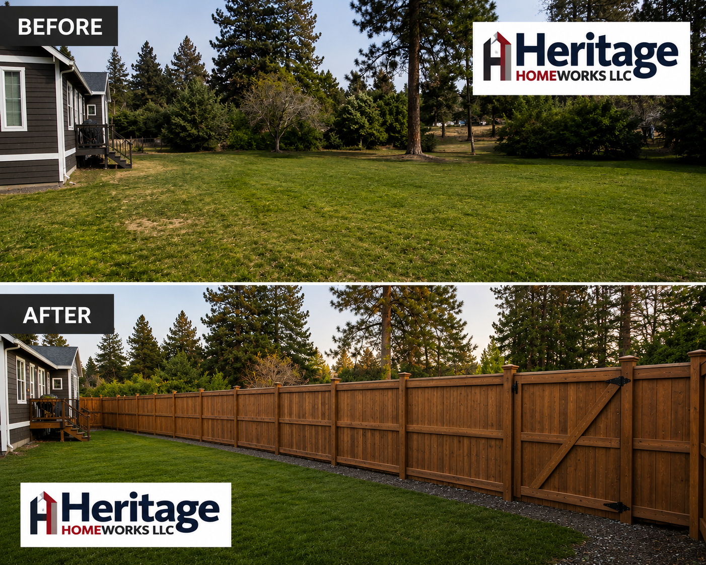Before and after cedar privacy fence installation completed by Heritage Homeworks LLC. Custom residential fencing built to improve privacy, security, and curb appeal in Central Oregon.