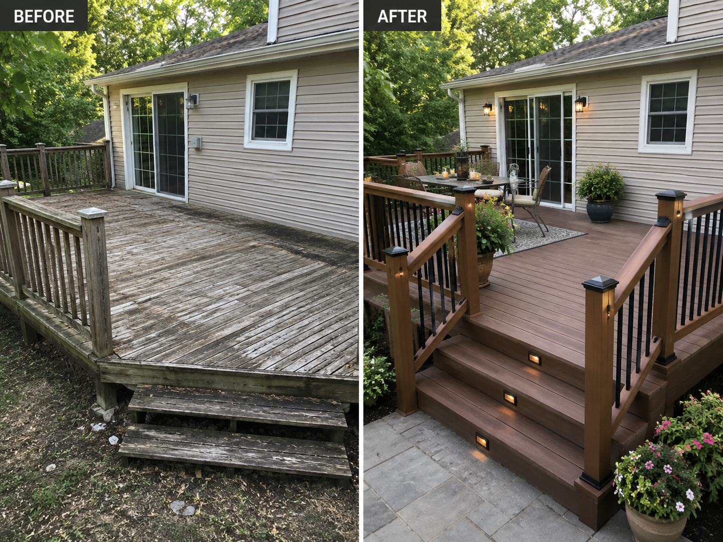 Before and after deck renovation completed by Heritage Homeworks LLC. Custom wood deck rebuilt with new stairs, railing, and premium finishes to enhance outdoor living in Central Oregon.