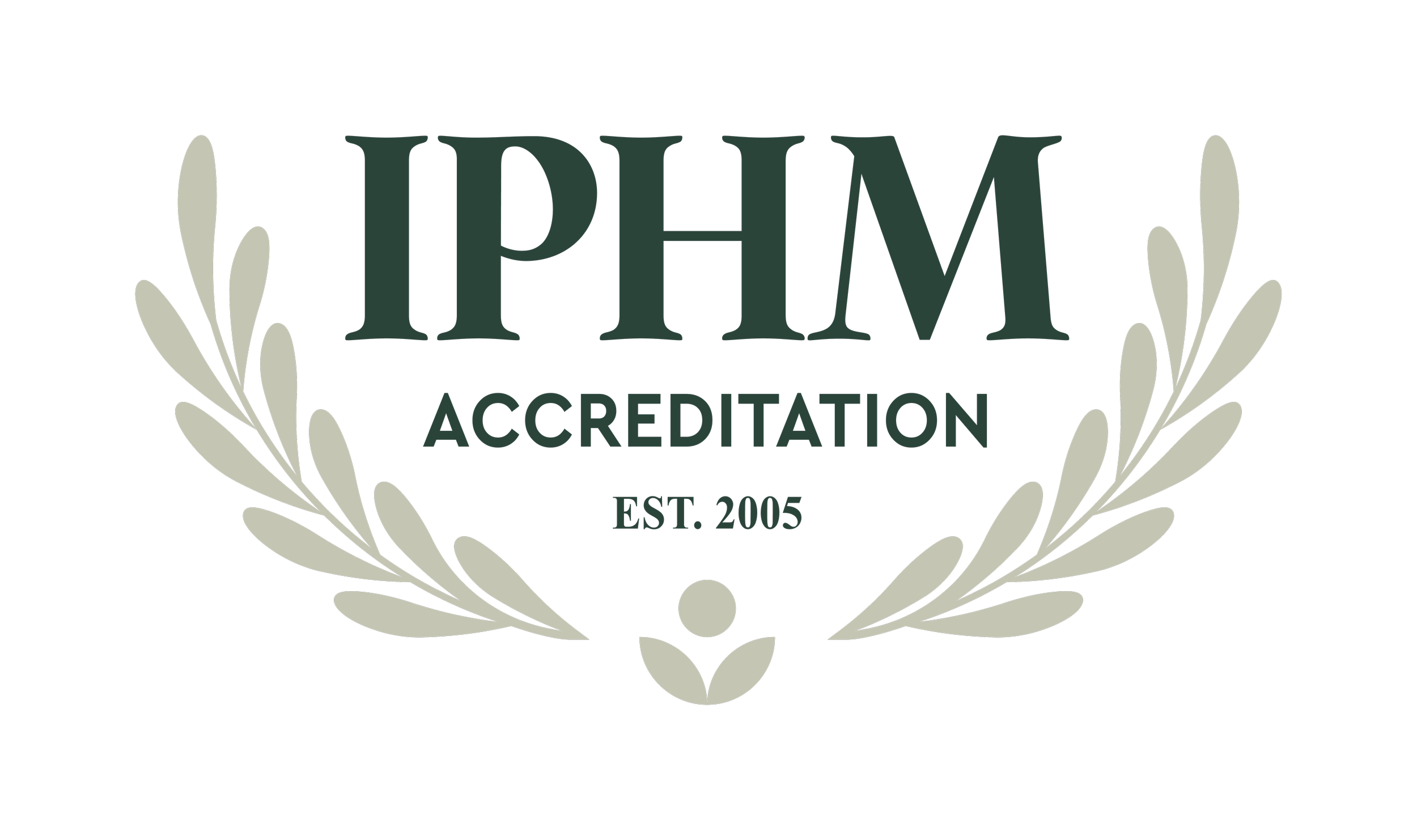 Certification badge with laurel wreath design and the words "IPHM Accreditation Est. 2005".