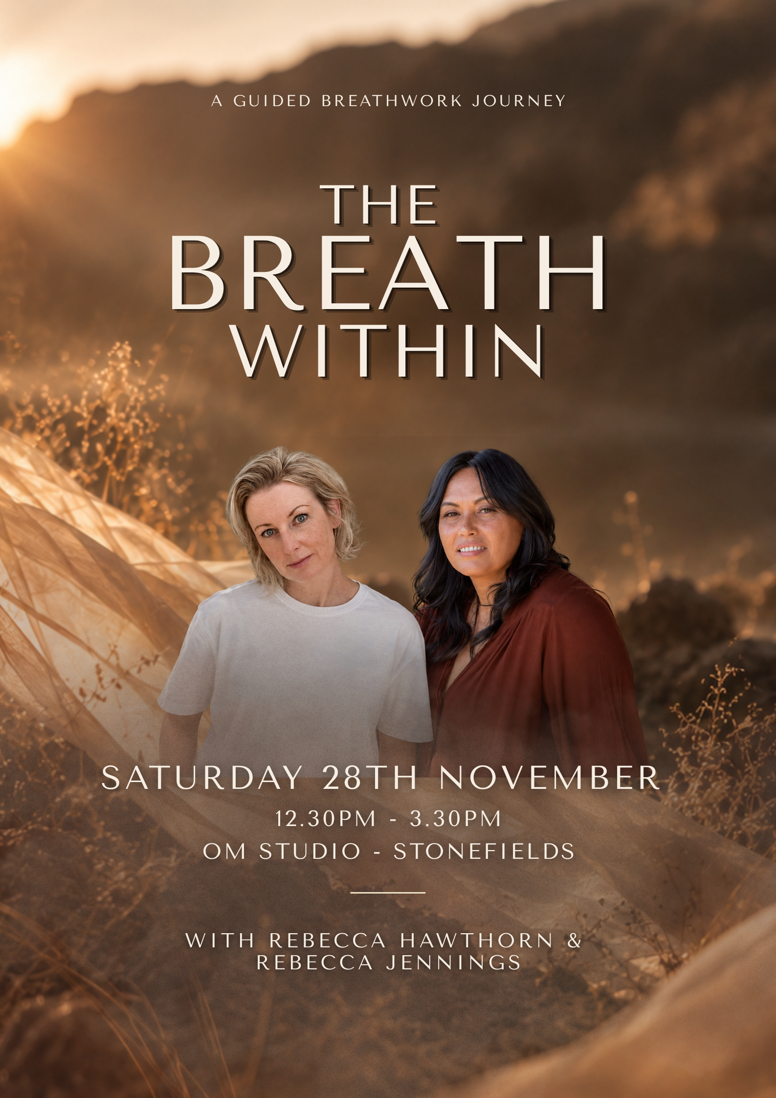 The Breath Within Auckland breathwork workshop with Rebecca Hawthorn and Rebecca Jennings, 28 November 2026 at Om Yoga Studio, Stonefields.