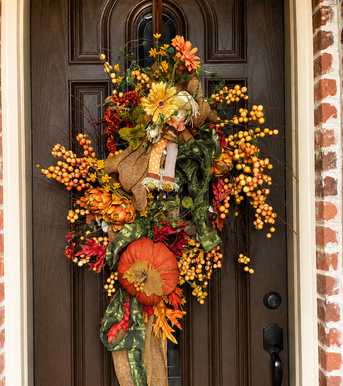 Decorative autumn-themed fall door wreath with artificial flowers, berries, a scarecrow doll, leaves, and a pumpkin, hanging on a dark wooden front door.