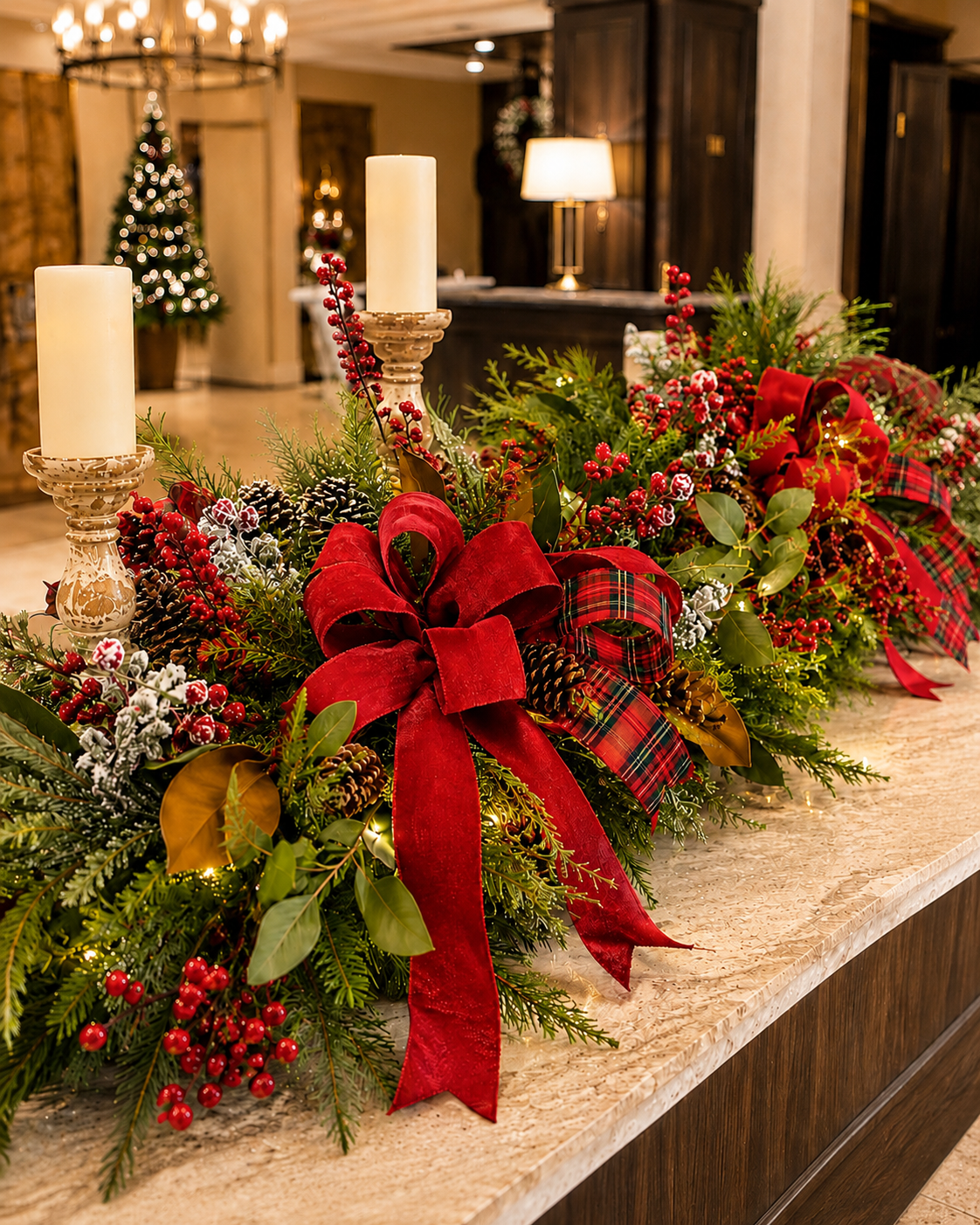 A Christmas centerpiece with red bows, pinecones, red berries, pine branches, and greenery on a marble countertop, with lit candles.
