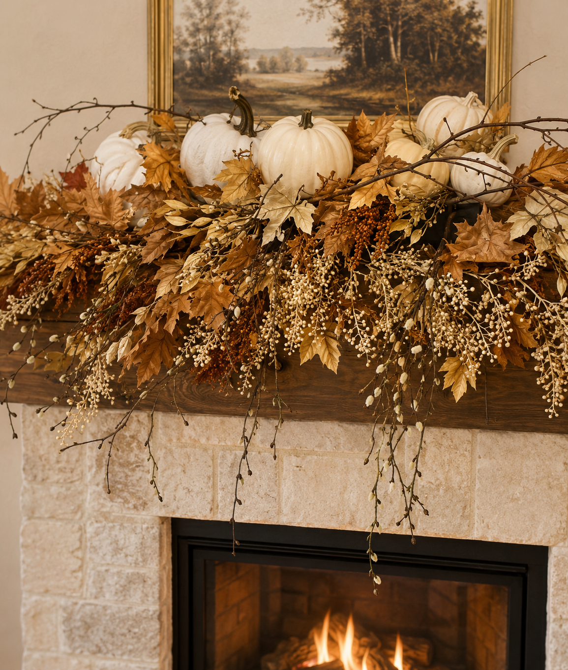 Autumn-themed fireplace mantle decorated with white pumpkins, dried leaves, berries, and branches, with a landscape painting hanging above.