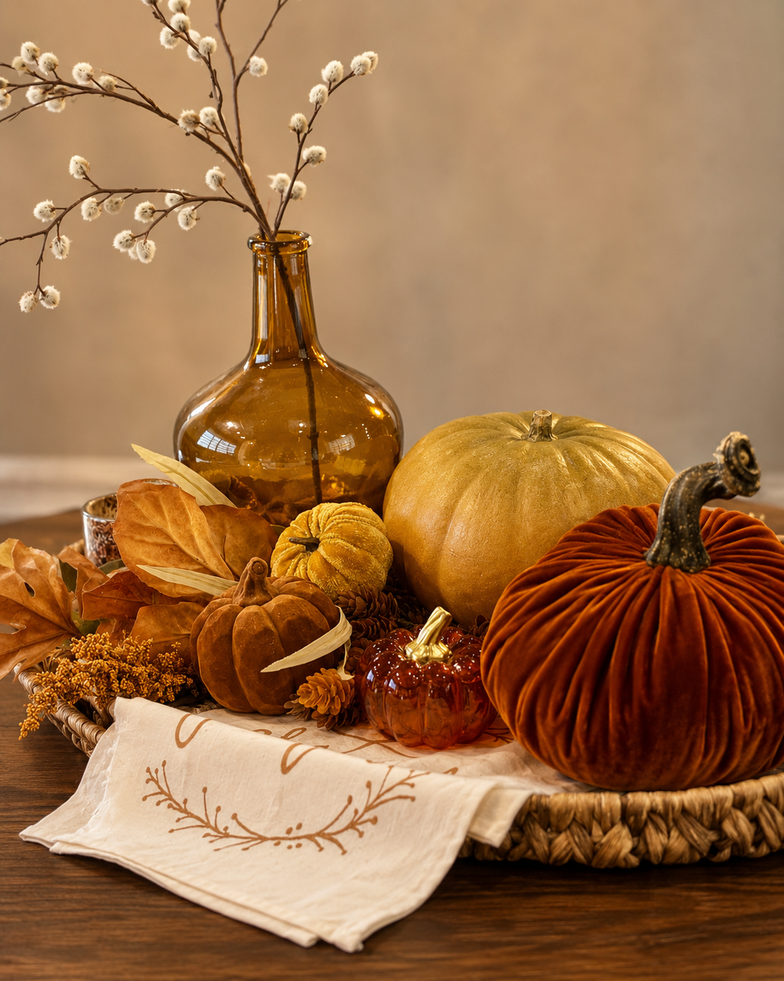 Decorative autumn display with pumpkins, dried leaves, a glass vase with branches and small white flowers, and a cloth with embroidery, arranged in a woven basket on a wooden surface.