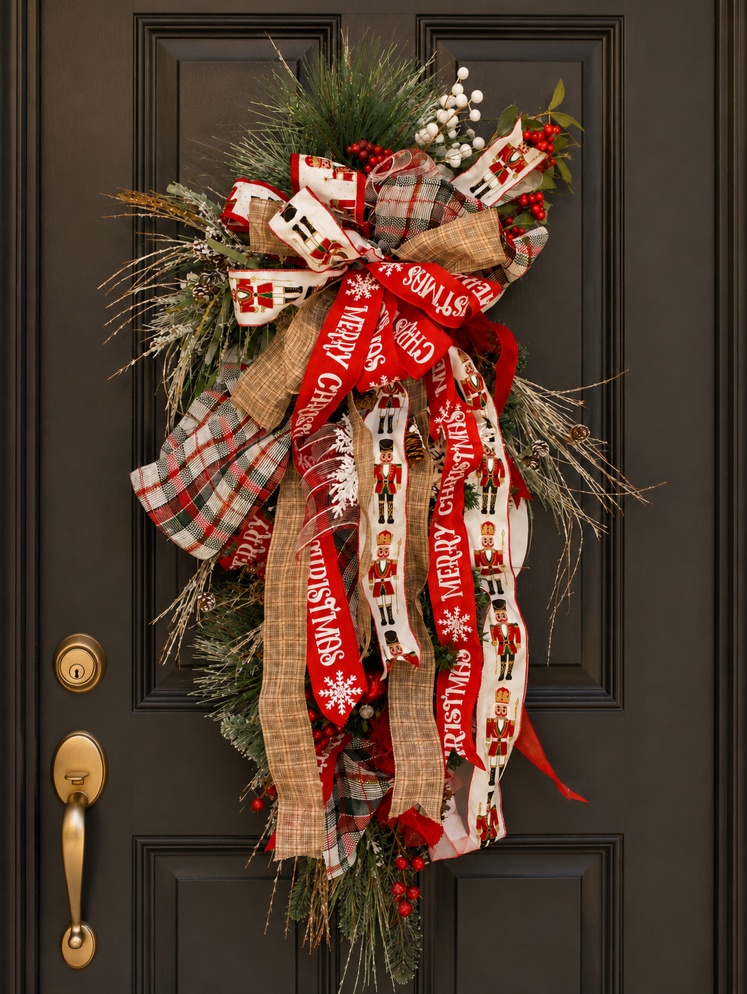 Holiday Christmas door wreath with plaid and holiday themed ribbons, greenery, red berries, and ornament accents on a black door.
