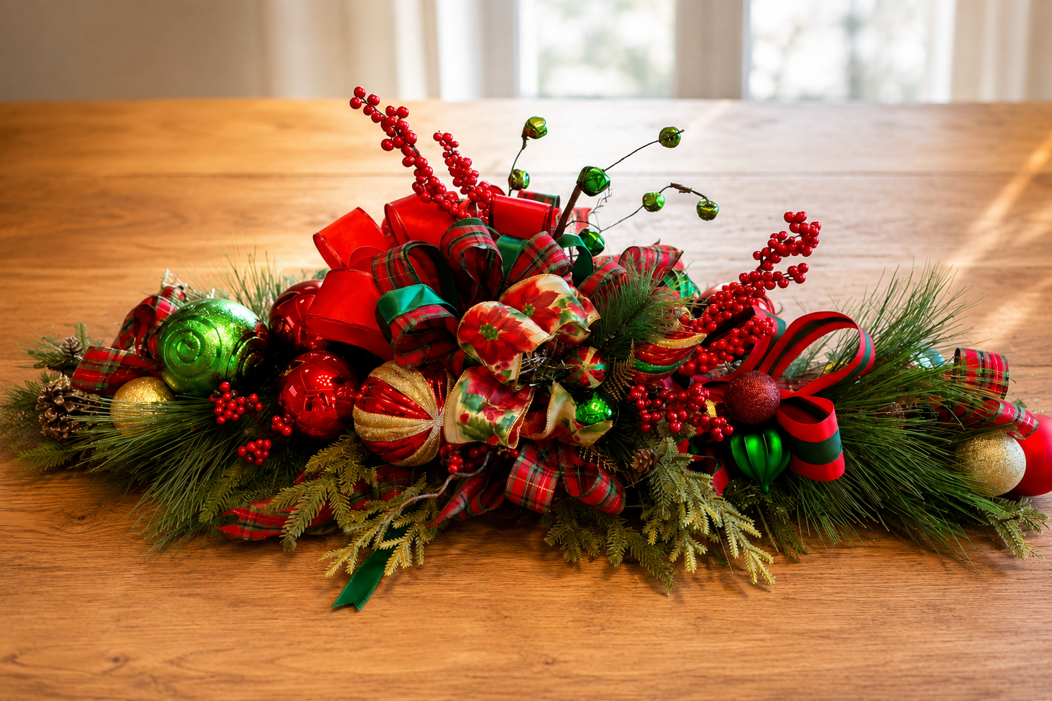 Festive Christmas decoration with ornaments, ribbons, and greenery on a wooden table.