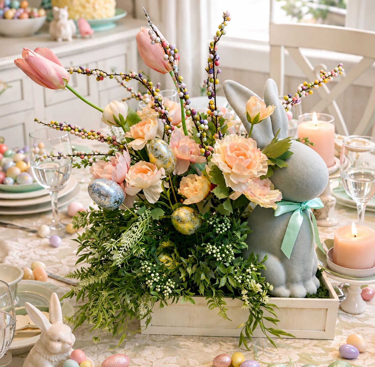 Easter table centerpiece featuring a gray bunny sculpture with pink and peach flowers, colorful speckled eggs, green foliage, and pastel candles.
