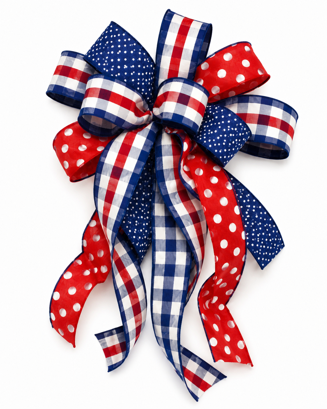 Red, white, and blue patriotic decorative bow with various patterned ribbons, including checkered, polka dots, and solid designs.