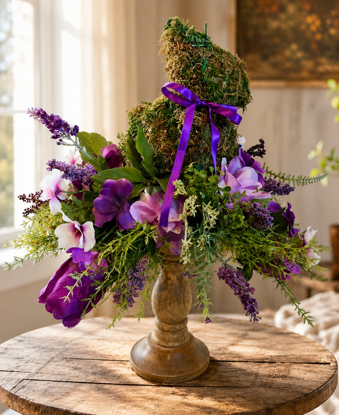 A floral arrangement in a wooden vase containing purple, pink, and white flowers with green foliage, topped with a moss-covered bunny figure tied with a purple ribbon, on a wooden table in a well-lit room.