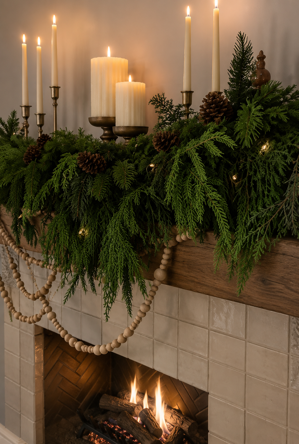 A decorated fireplace mantel with green foliage, pinecones, candles, and string lights, with a fire burning in the fireplace below.
