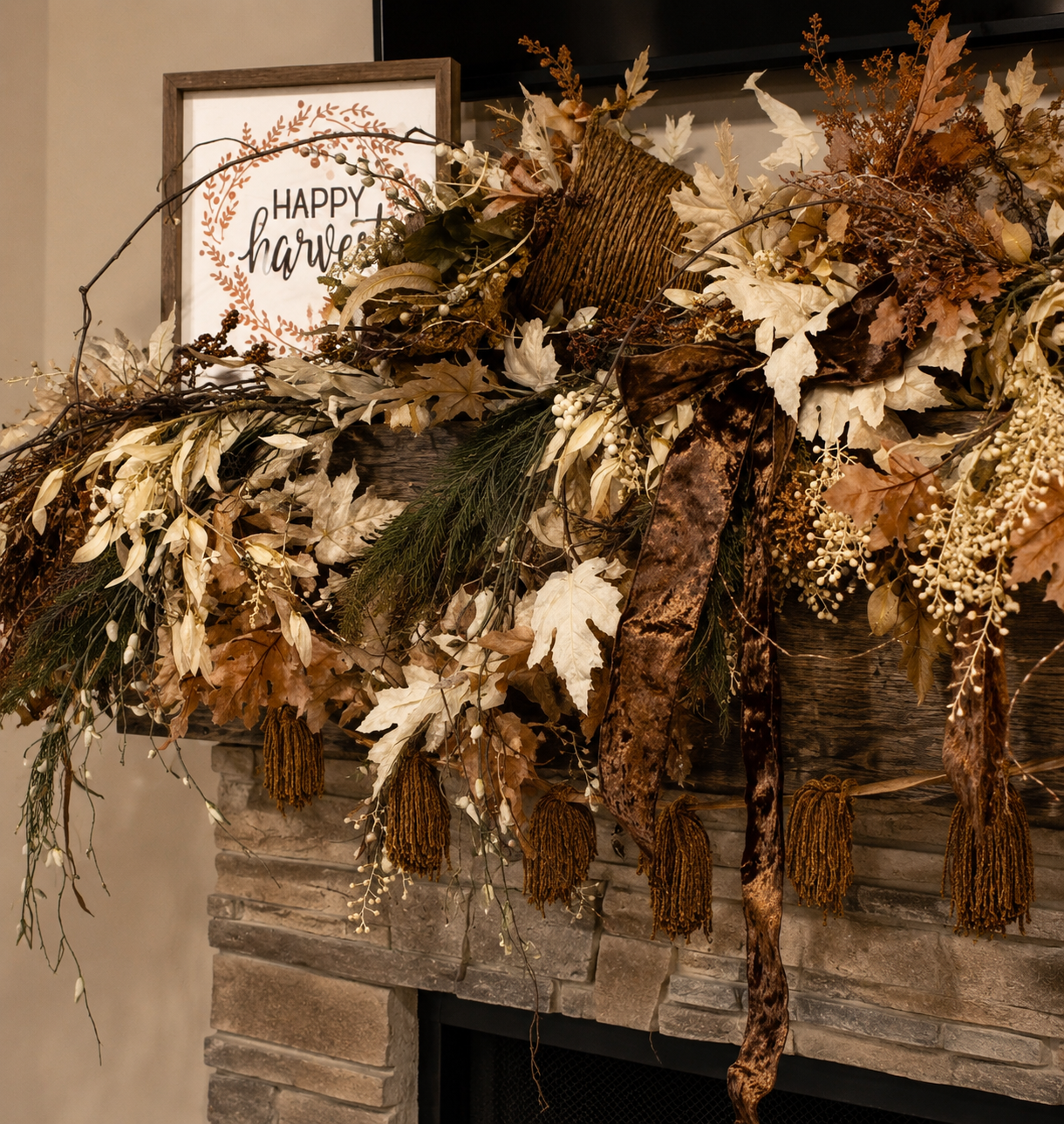 A fall-themed fireplace mantel decor with a wooden basket filled with dried leaves, branches, and greenery. A framed sign reading "Happy Harvest" is in the background, surrounded by autumn foliage, pinecones, and decorative tassels.