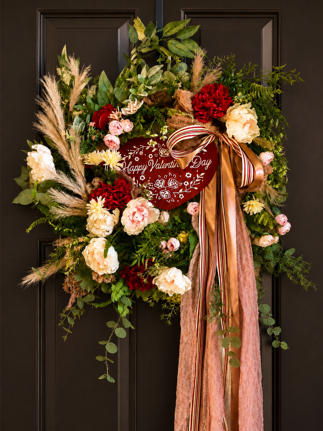 Valentine's Day floral wreath with red, white, and pink flowers, greenery, pampas grass, and a large ribbon, hanging on a dark door. The center features a red heart with 'Happy Valentine's Day' written on it.