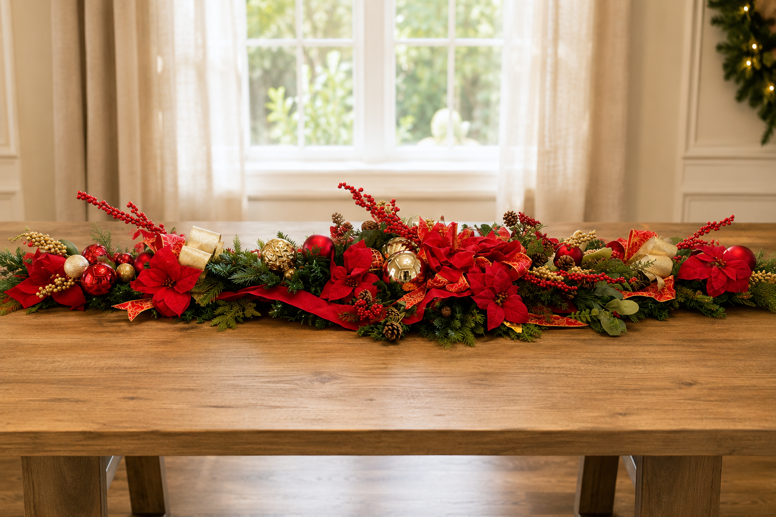 Christmas holiday table centerpiece with red poinsettias, gold and red ornaments, pinecones, greenery, gold ribbons, and red berries on a wooden table in a room with large window and beige curtains.