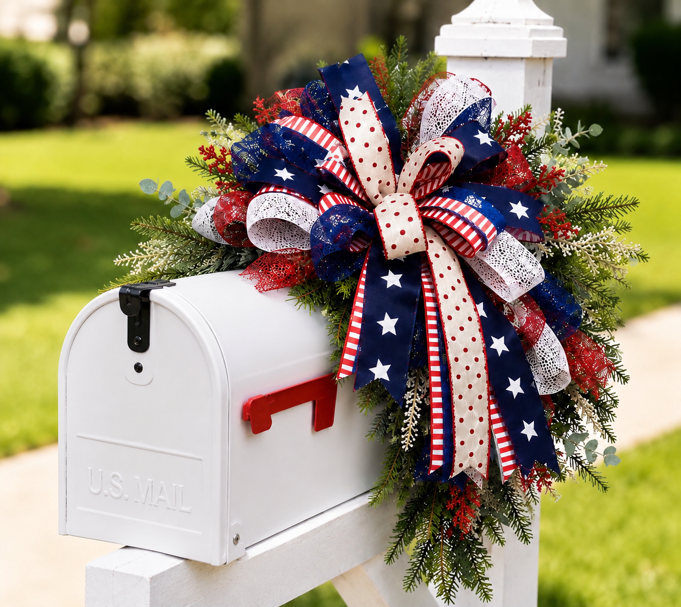 Decorative patriotic wreath with red, white, and blue ribbons and greenery on a white mailbox outdoors.