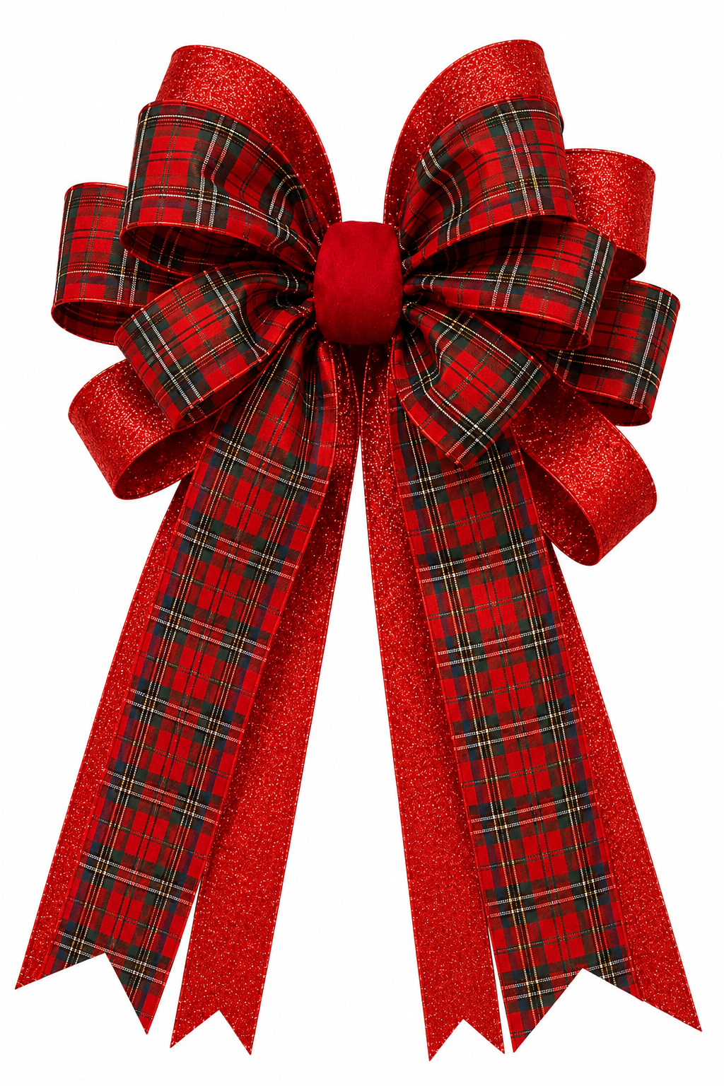 Festive red bow with glitter, featuring plaid and solid red ribbons, isolated on a white background.