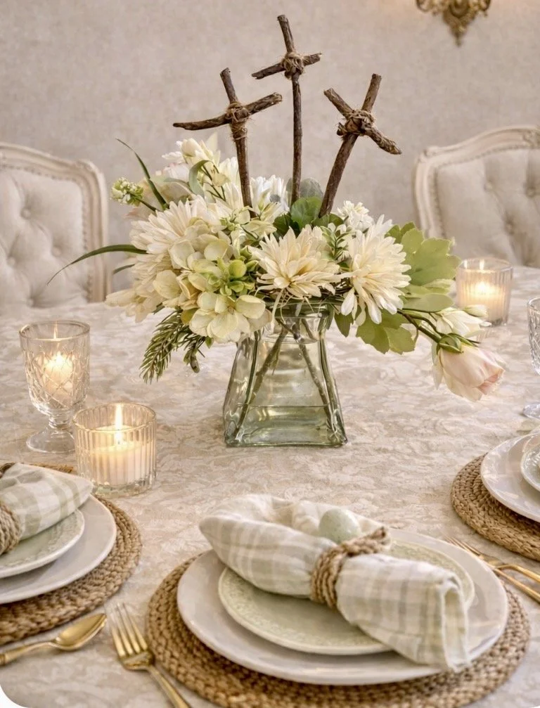 A floral centerpiece with white and light pink flowers and three rustic crosses made of branches in a glass vase on a decorated dining table with candles, plates, napkins, and gold utensils.