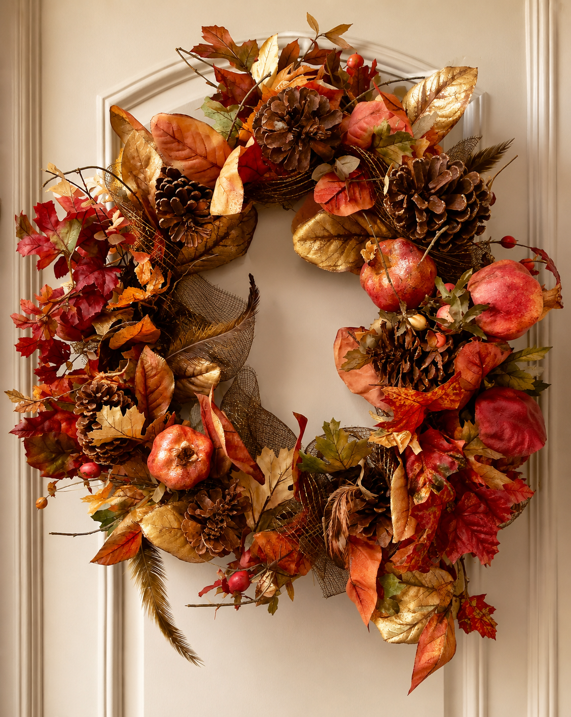 Autumn-themed wreath with pinecones, pomegranates, apples, leaves, and decorative mesh on a door.