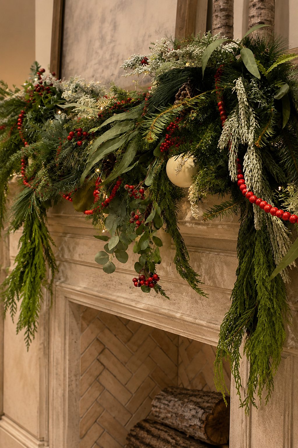 Christmas evergreen garland with red berries, white ornaments, and pine cones hanging over a fireplace with logs inside.