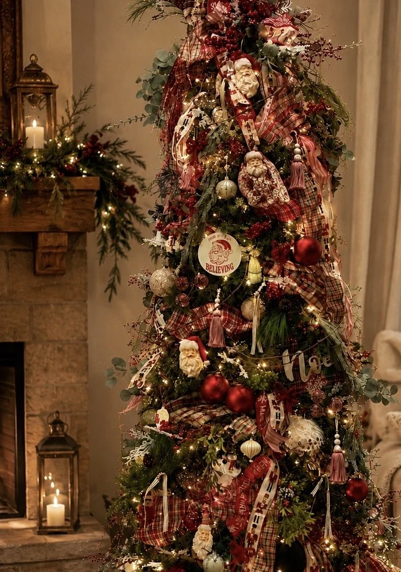 Decorated Christmas tree with ornaments, ribbons, and holiday figurines in a cozy living room setting, with a lit fireplace and candles in the background.