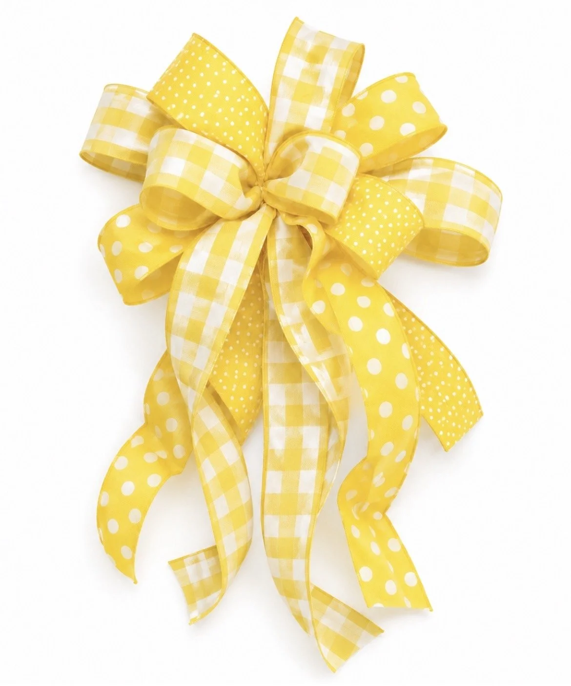 Yellow gift bow with various yellow and white checkered and polka dot ribbon loops and tails.