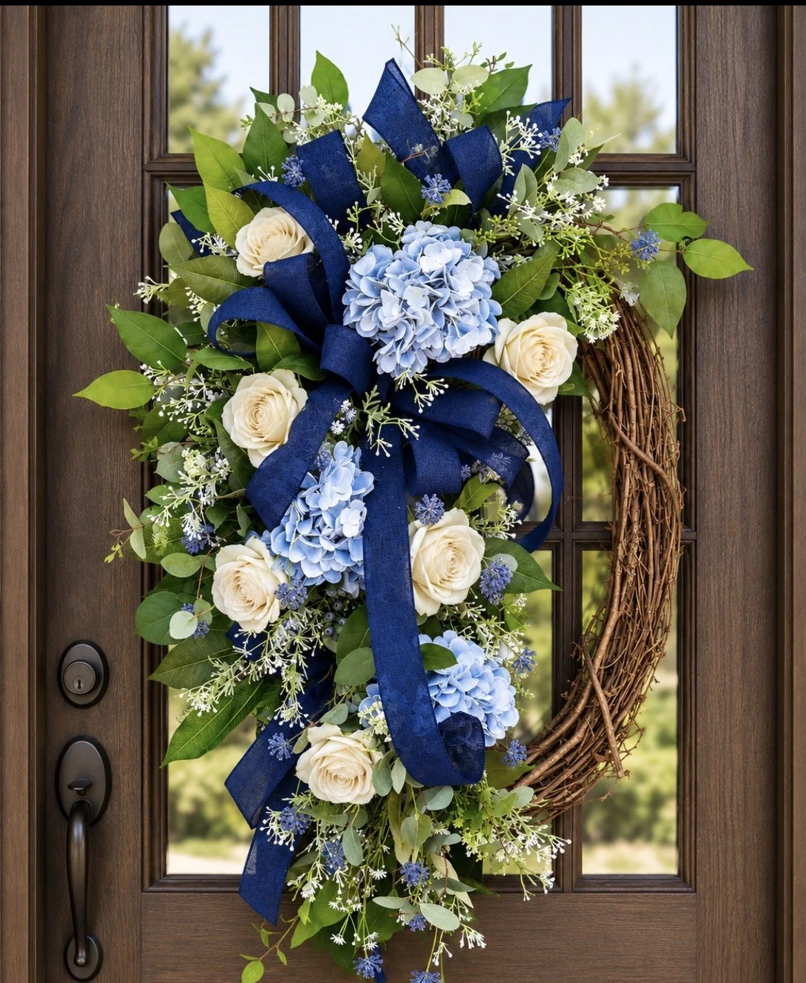 Blue Hydrangea & Ivory Rose Cascading Wreath