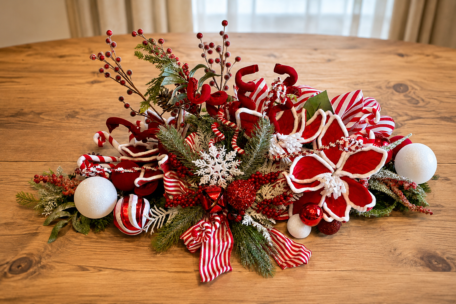 Christmas centerpiece on a wooden table featuring red and white ornaments, candy canes, sprigs of evergreen, red berries, snowflake decorations, and striped ribbons.