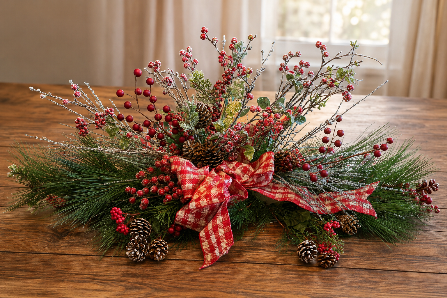Christmas centerpiece with pine branches, red berries, pinecones, and a red plaid bow on a wooden table.