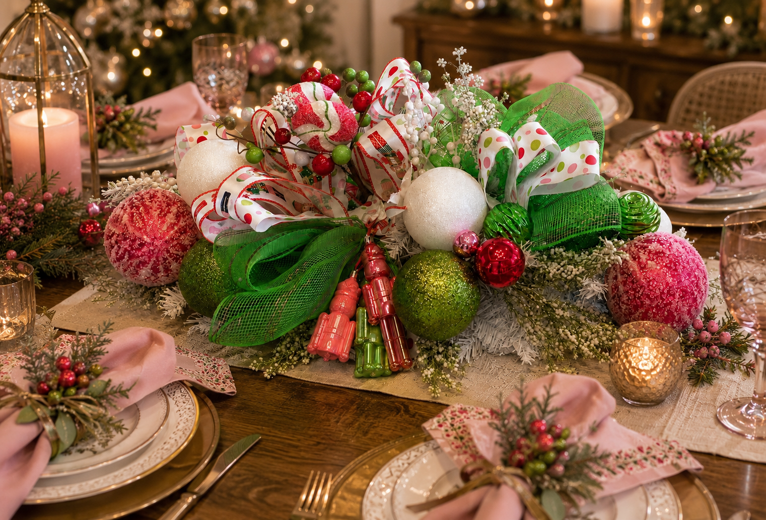 A festive Christmas table centerpiece with colorful ornaments, ribbons, and evergreen decorations, surrounded by place settings with pink napkins, candles, and holiday greenery.