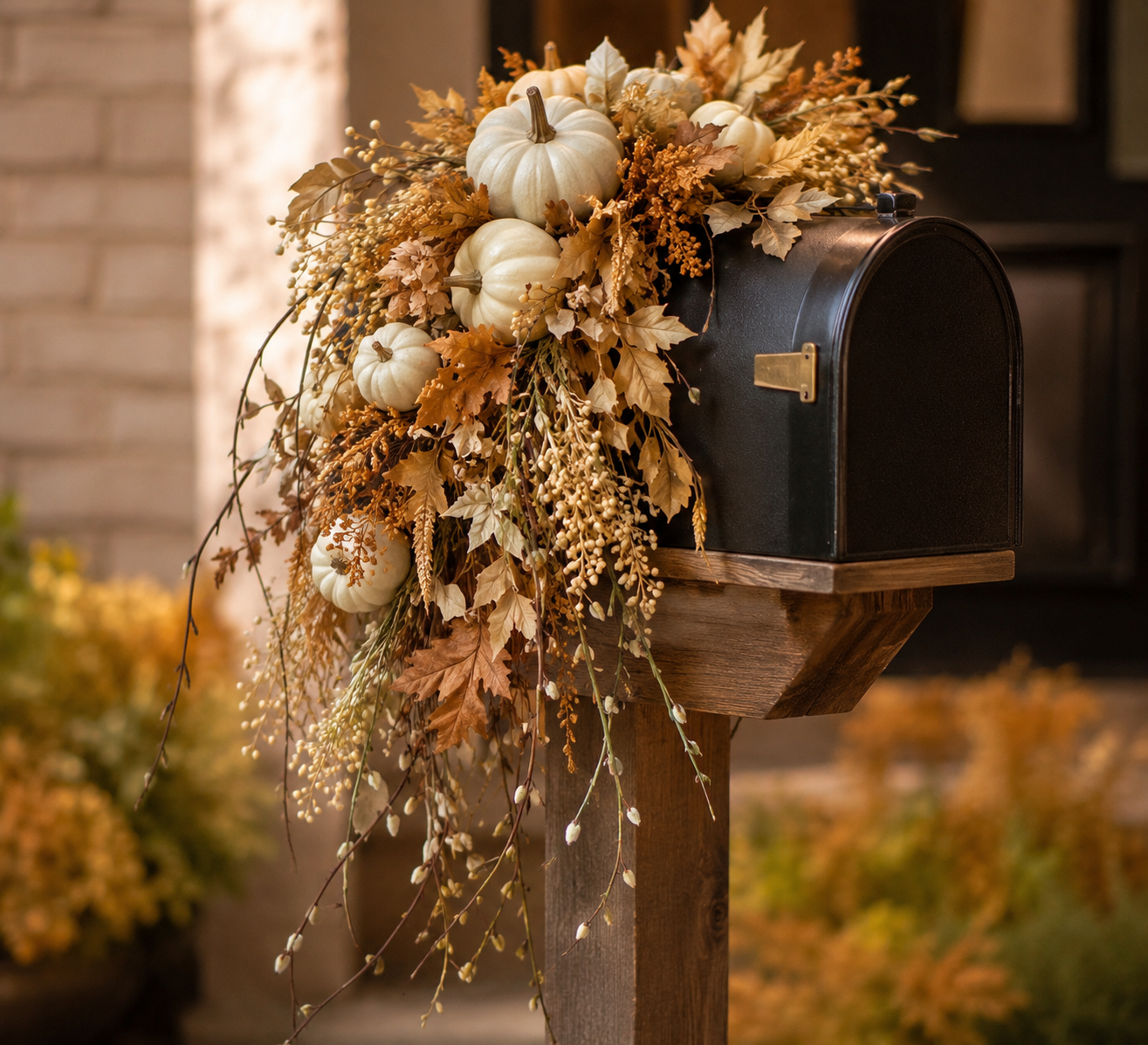 A black mailbox decorated with autumn-themed fall foliage, including white pumpkins, dried leaves, and berries, mounted on a wooden post.