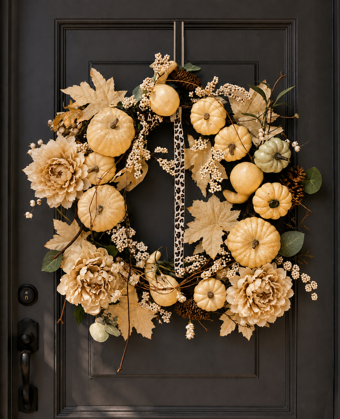A fall-themed door wreath decorated with white and cream pumpkins, beige and cream flowers, leaves, berries, and pinecones hanging on a black door.