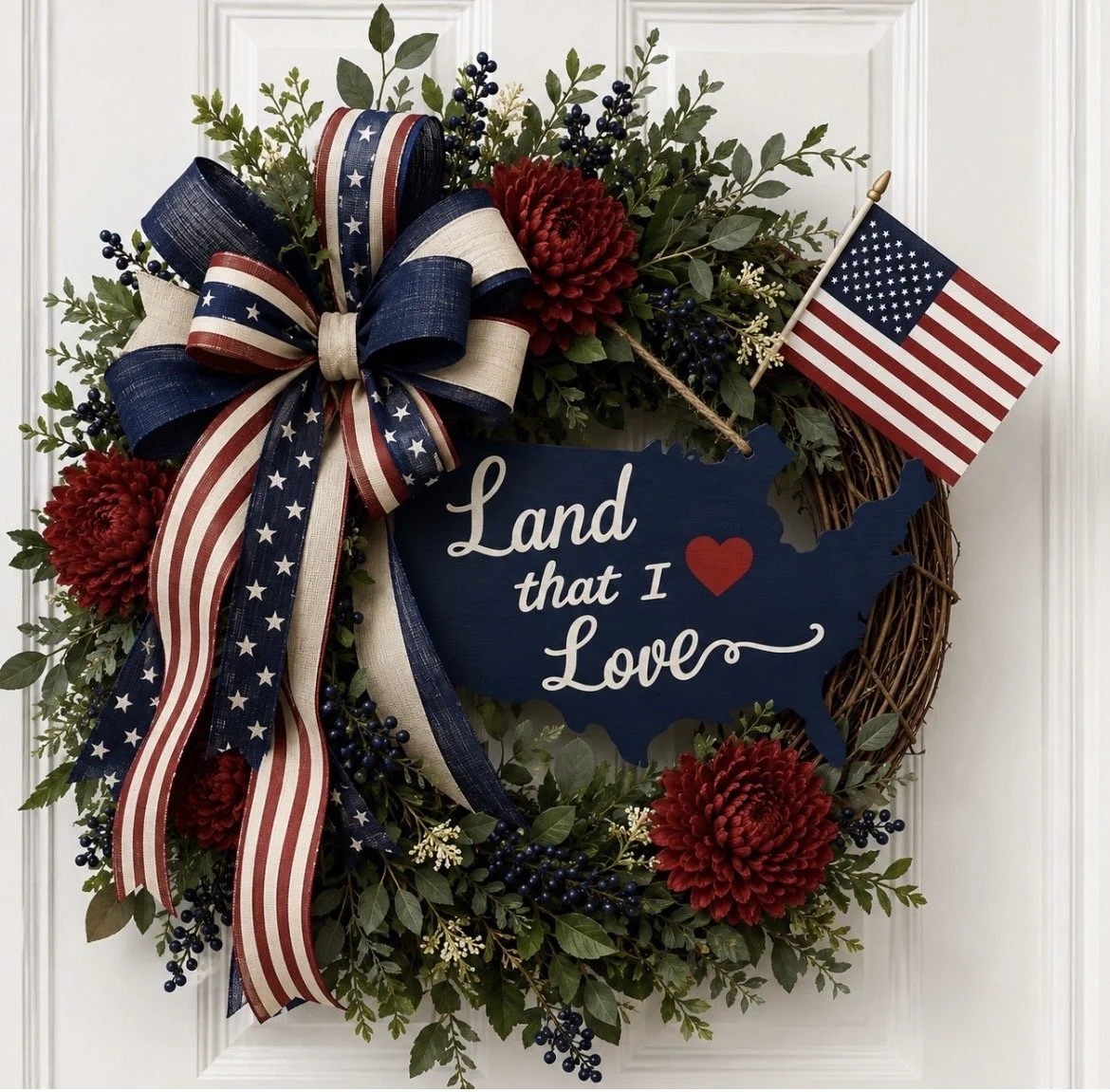 Patriotic wreath on a white door with red flowers, blue and white striped ribbon, American flag, and a blue sign that says 'Land that I love' with a red heart.