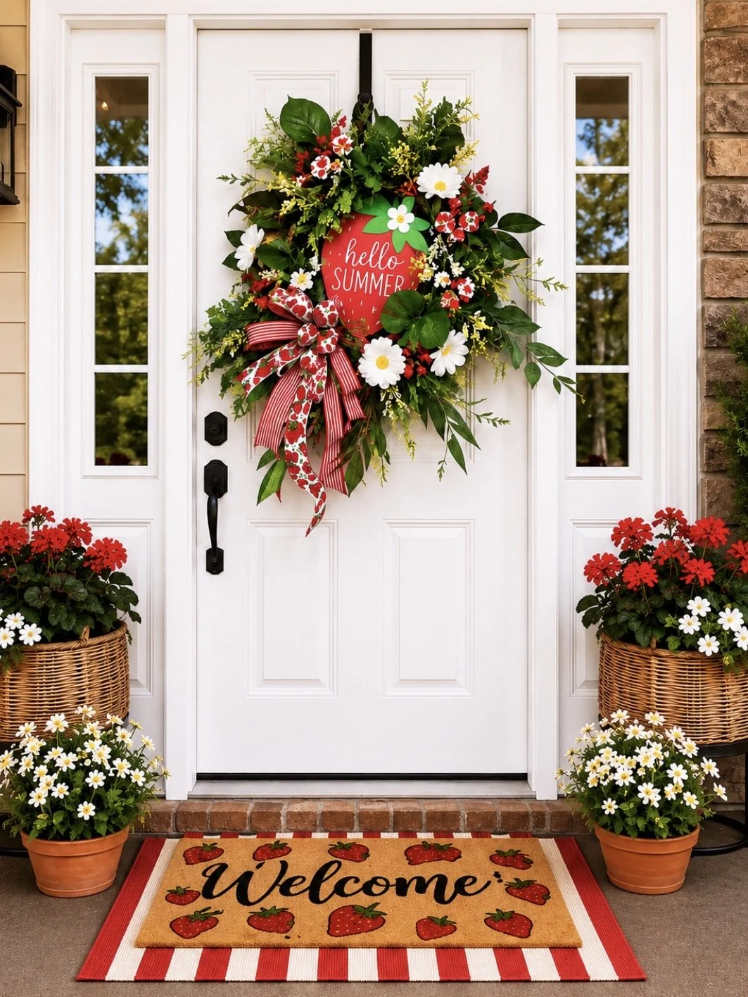 Decorative front door with a colorful spring or summer wreath featuring green leaves, white and red flowers, and a red sign that says 'hello SUMMER.' The door is flanked by baskets of red and white flowers, with a welcome mat displaying strawberries and the word 'Welcome.'