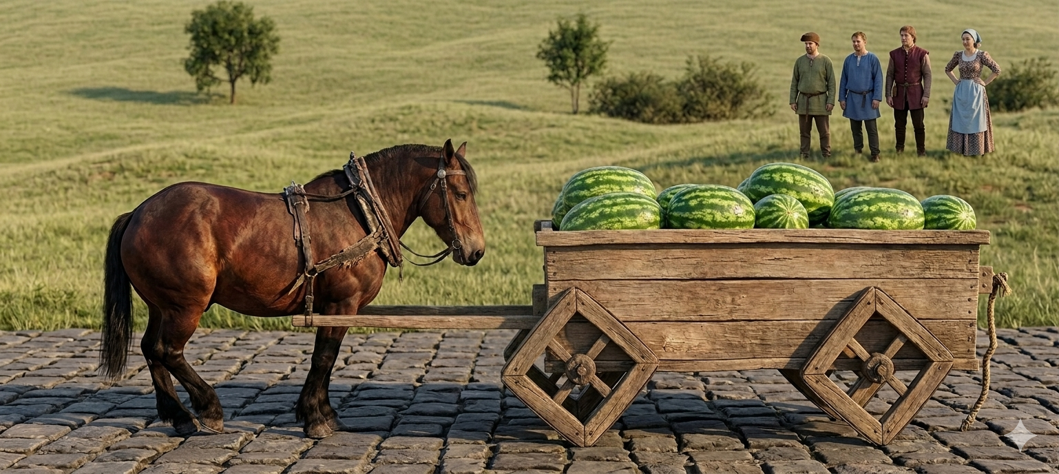 A brown horse hitched to a wooden cart filled with watermelons on a cobblestone road, with a green grassy field and four people in period clothing in the background.
