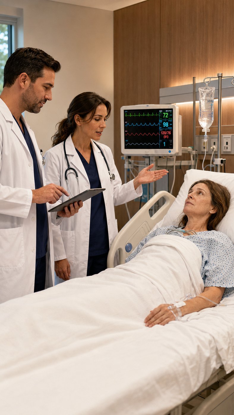 Two physicians supporting a patient through recovery at the bedside.