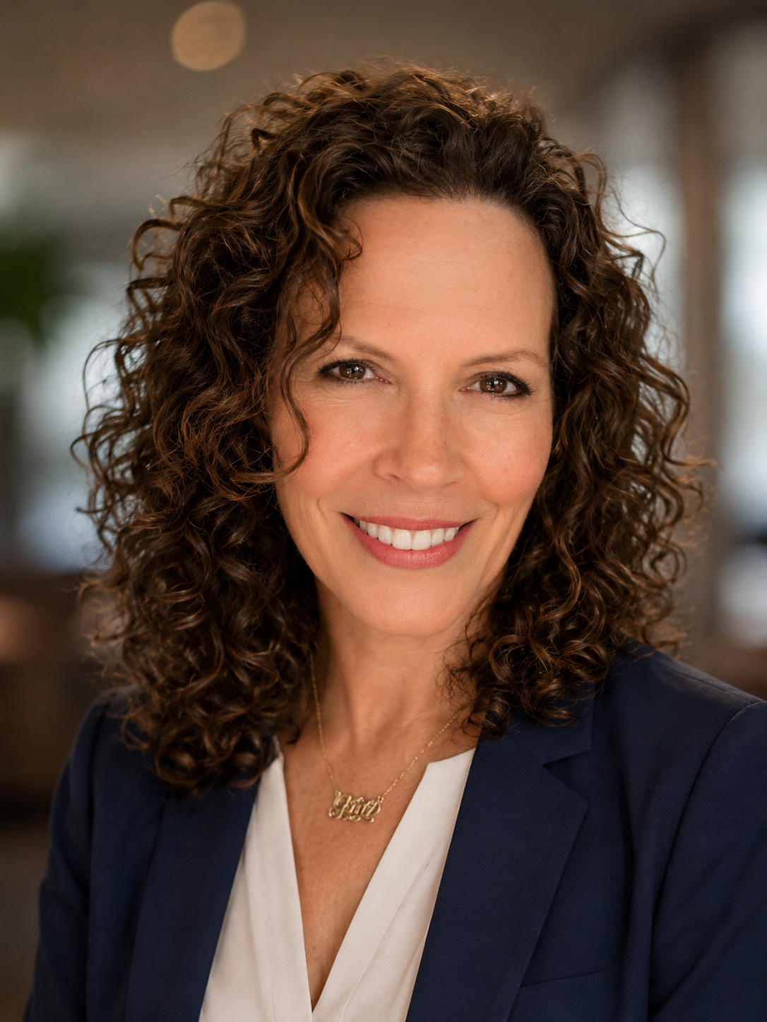 A smiling Gigi Gonzalez with curly brown hair wearing a navy blazer, white blouse, and a gold necklace with a name pendant, in a well-lit indoor setting.