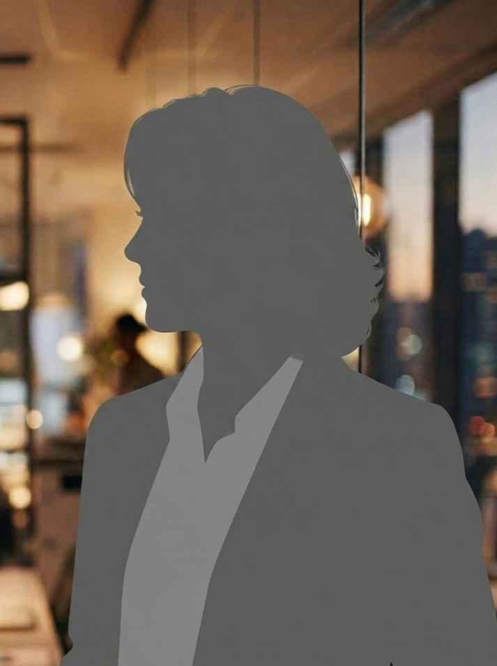 Silhouette of a woman with short hair, seen in profile, inside a modern cafe or restaurant with large windows and warm lighting.