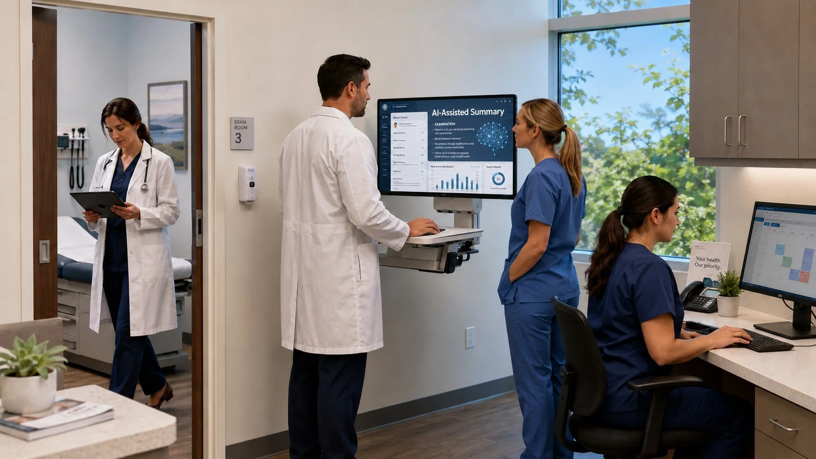 Clinical team using an AI-assisted summary at a workstation in an outpatient practice.