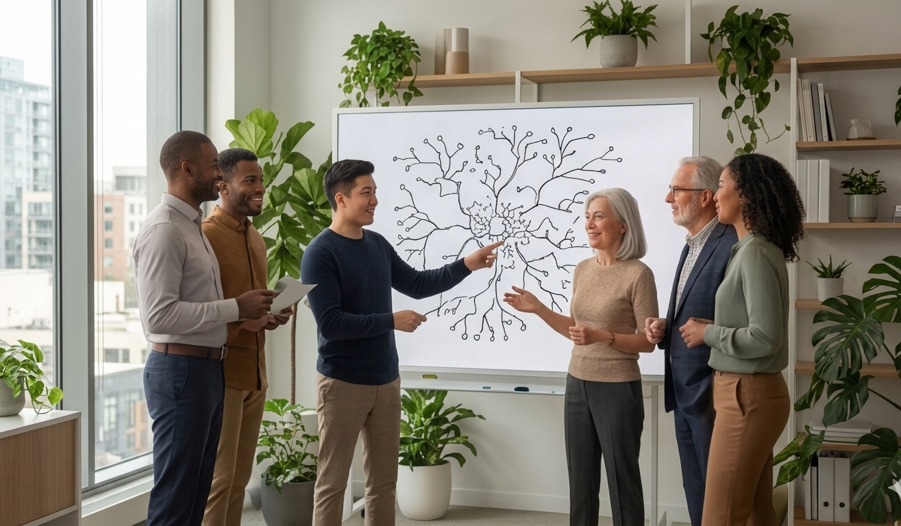 Group of diverse professionals in a meeting room with a large whiteboard, a diagram of a neural network, and indoor plants, discussing and smiling.