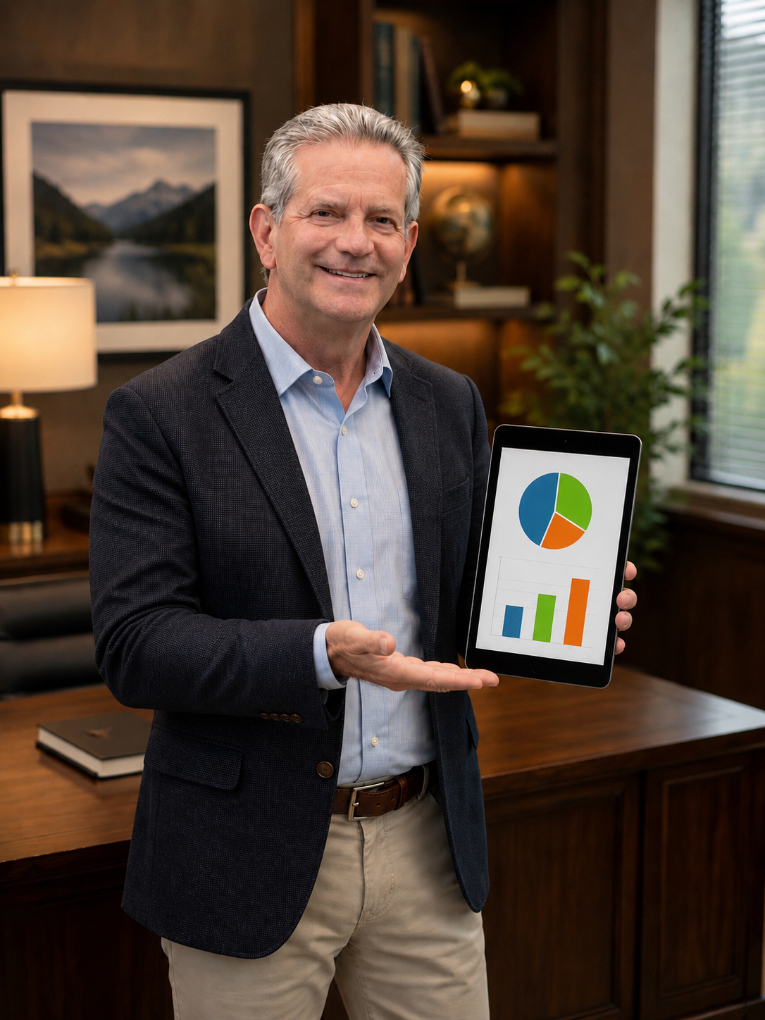 Douglas Lundrigan in business attire holding a tablet displaying colorful charts and graphs in an office setting.