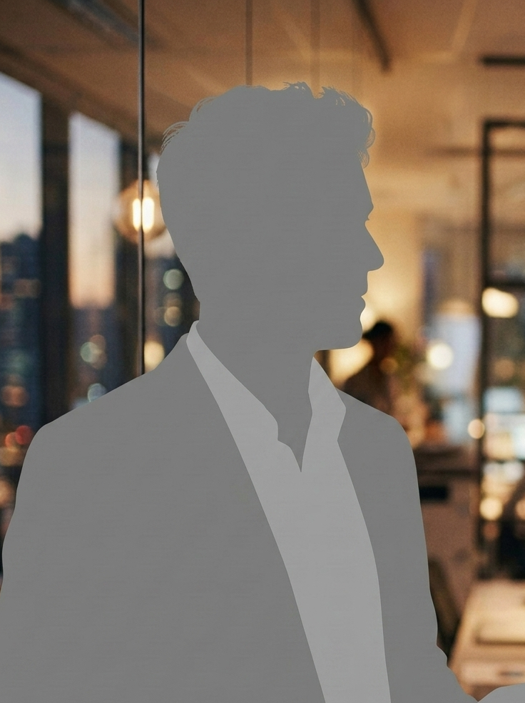 Silhouette of a man in profile wearing a suit, backlit by city lights and indoor lighting, in a modern cityscape setting.