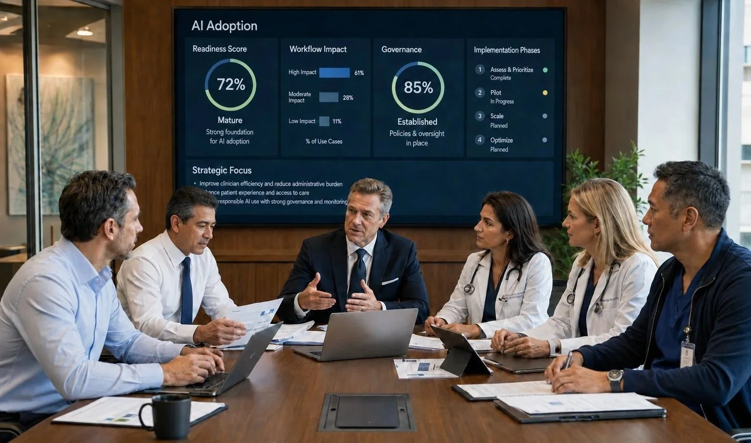 Healthcare leaders and clinicians reviewing an AI adoption readiness dashboard in a conference room.