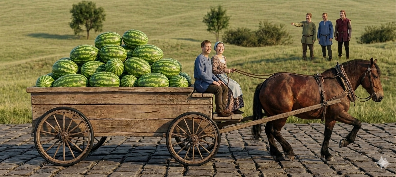 Scene of a horse-drawn cart filled with watermelons on a cobblestone road in a grassy rural area, with three smiling people seated on the cart and three men in medieval-style clothing standing in the background.