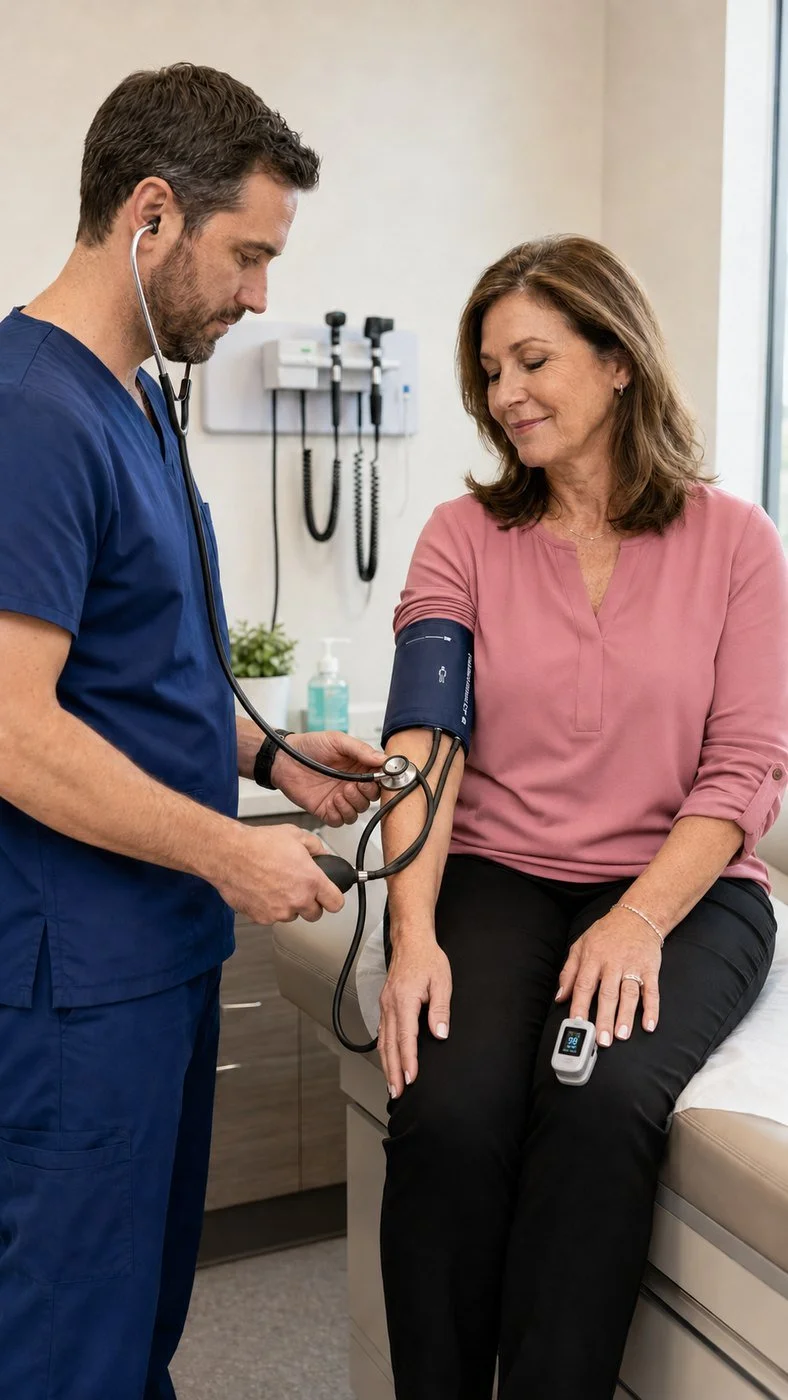 Clinician taking a patient's vital signs during an exam.