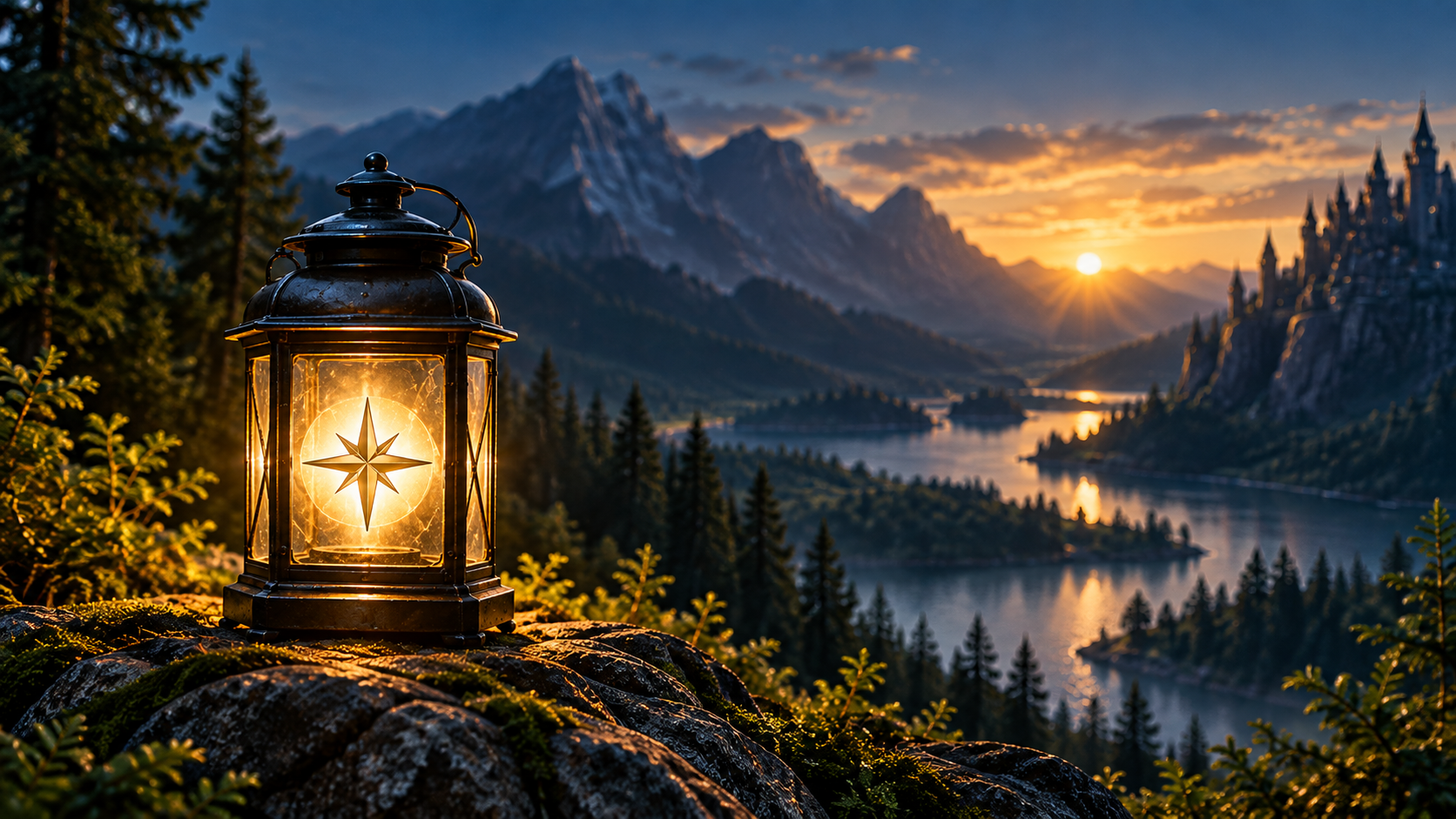 A lantern with a compass rose design on its glass pane, placed on rocks in a forest, overlooking a river valley with mountains, a castle, and a sunset in the background.